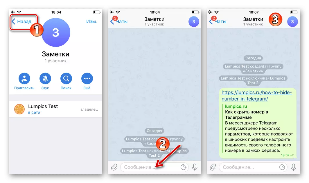 Telegram za iOS S skupino v sel z enim od udeležencev za shranjevanje podatkov