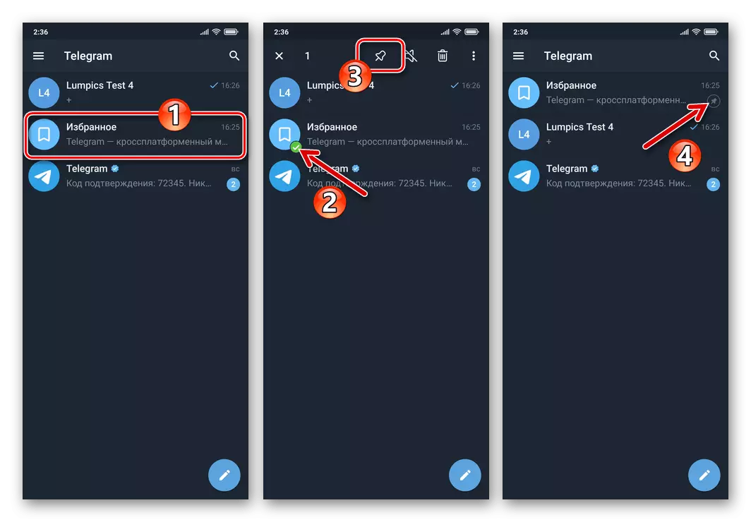 Telegram per Android - Chat Preferiti preferiti Iniziati in cima a una lista di corrispondenza in Messenger