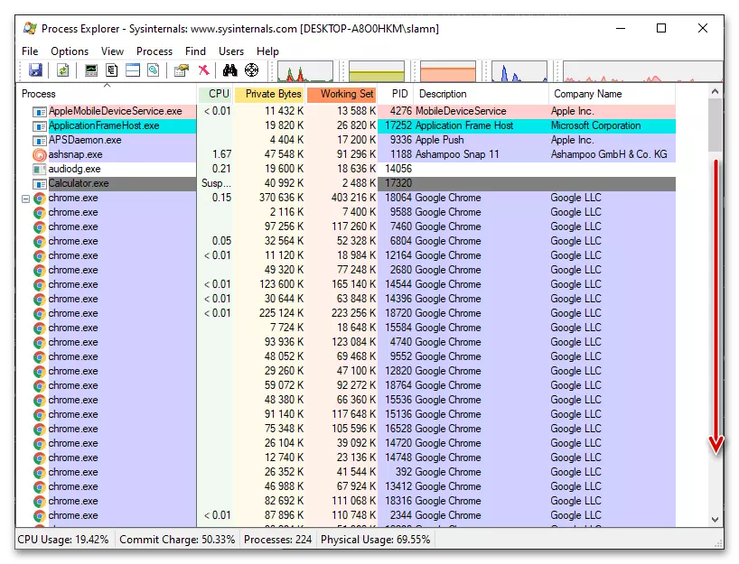 Процес Търсене на Спирането В прозореца на Process Explorer - Алтернативна Task Manager за Windows 10
