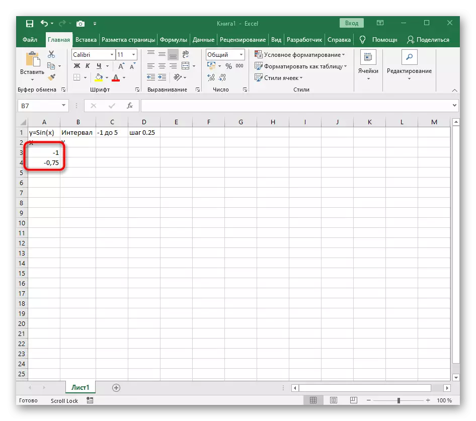 Илова кардани арзишҳои аввал барои X ҳангоми сохтани функсияи Y = гуноҳ (X) дар Excel