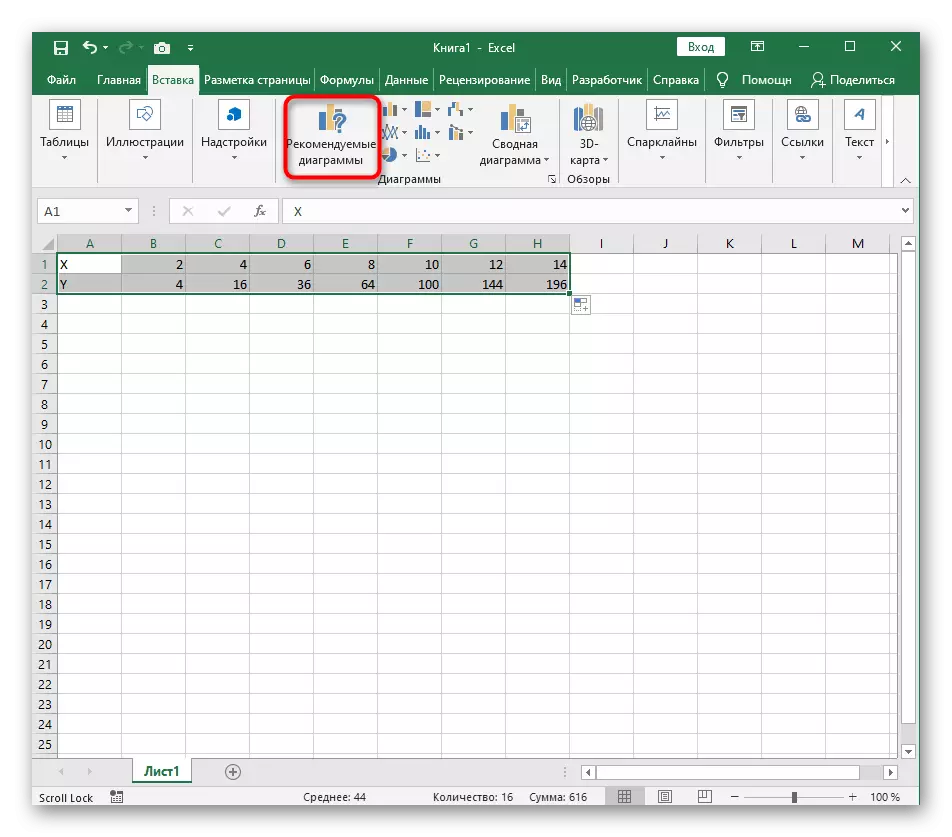 Пераход у меню выбару дыяграмы для стварэння графіка функцыі X ^ 2 у Excel