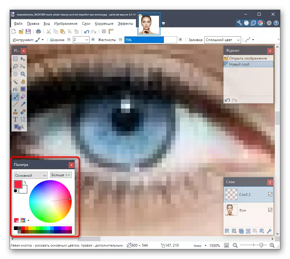 ფერადი შერჩევა, რათა შეიქმნას წითელი თვალები ფოტოში Paint.net პროგრამა