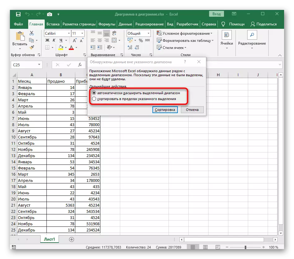 Displaying the notification data is the selected range when sorting by ascending to Excel