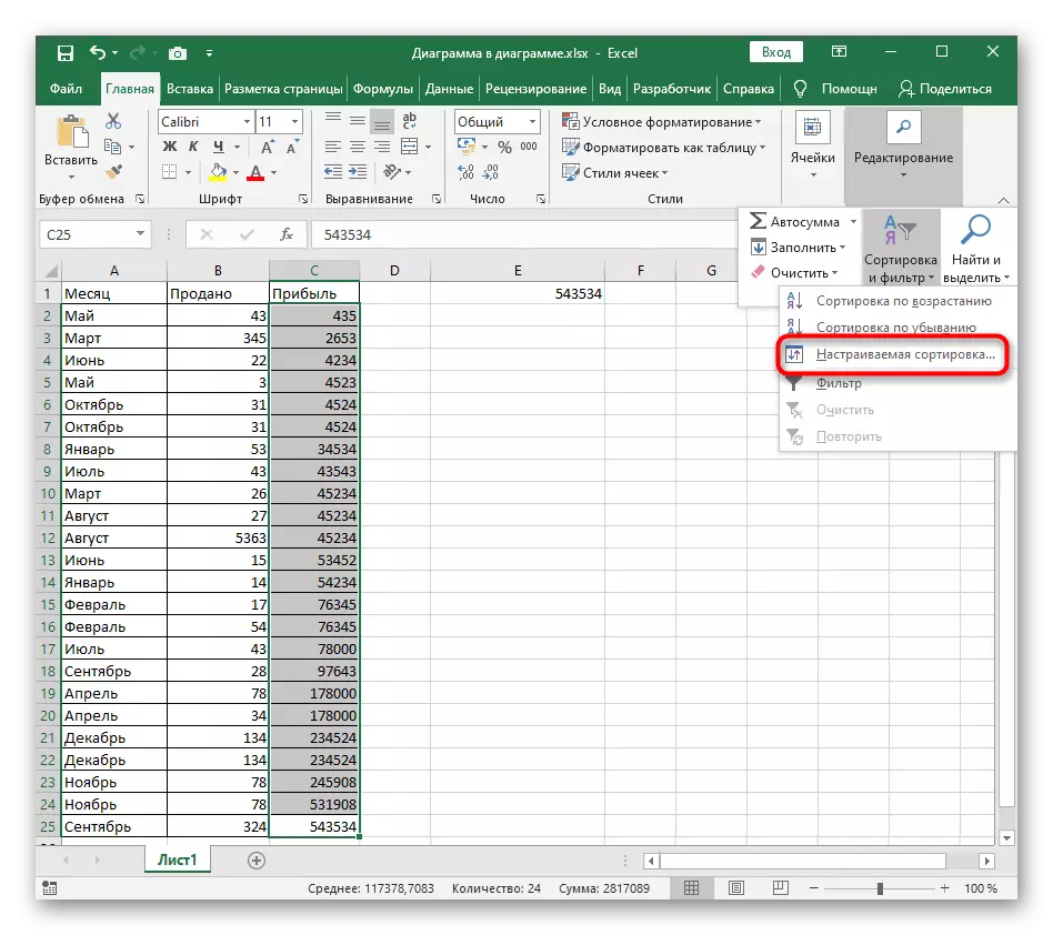 Byt till menyn med anpassad sortering för sortering av stigande till Excel