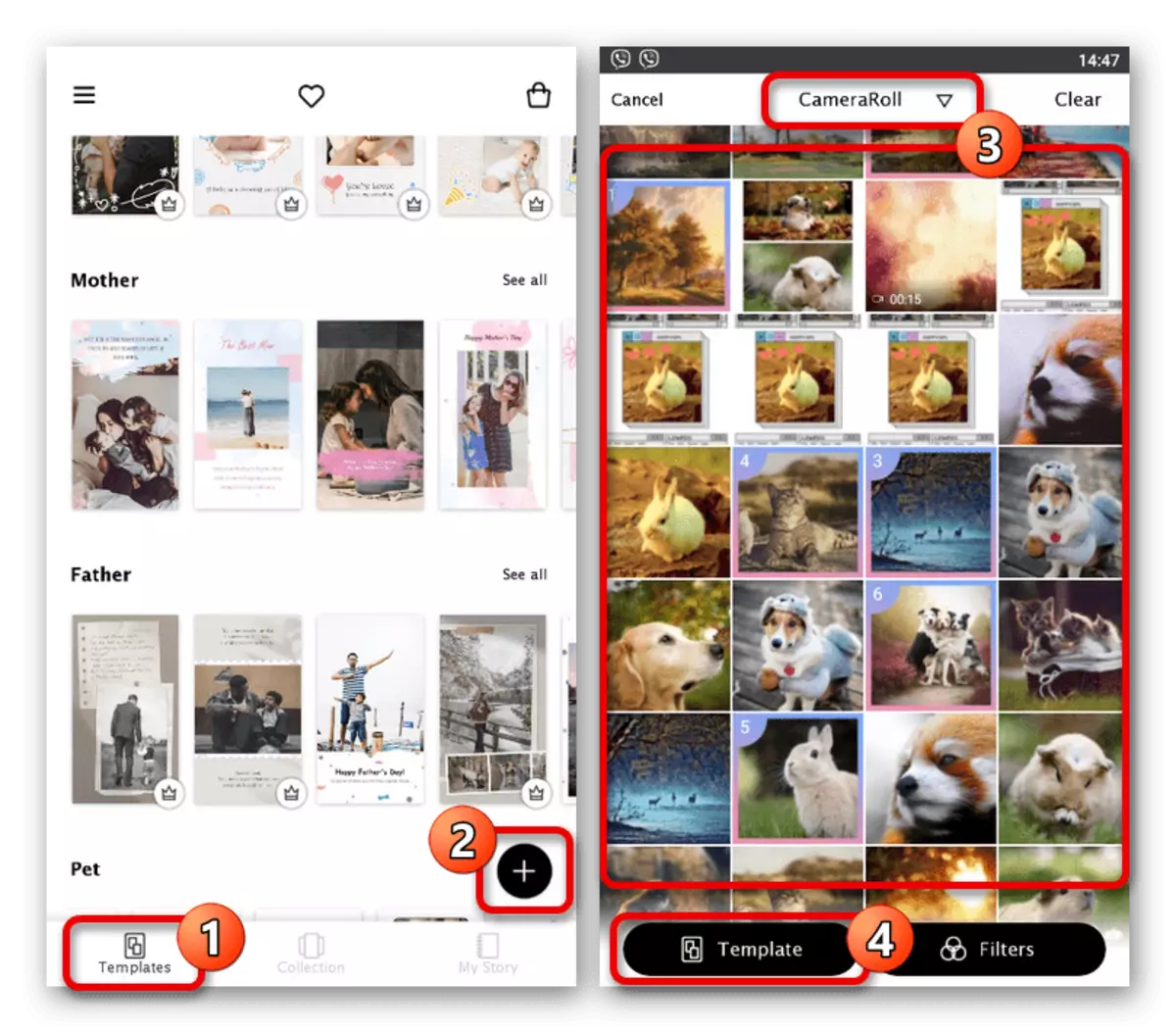 Overgang til etableringen av en ny collage i StoryArt-applikasjonen