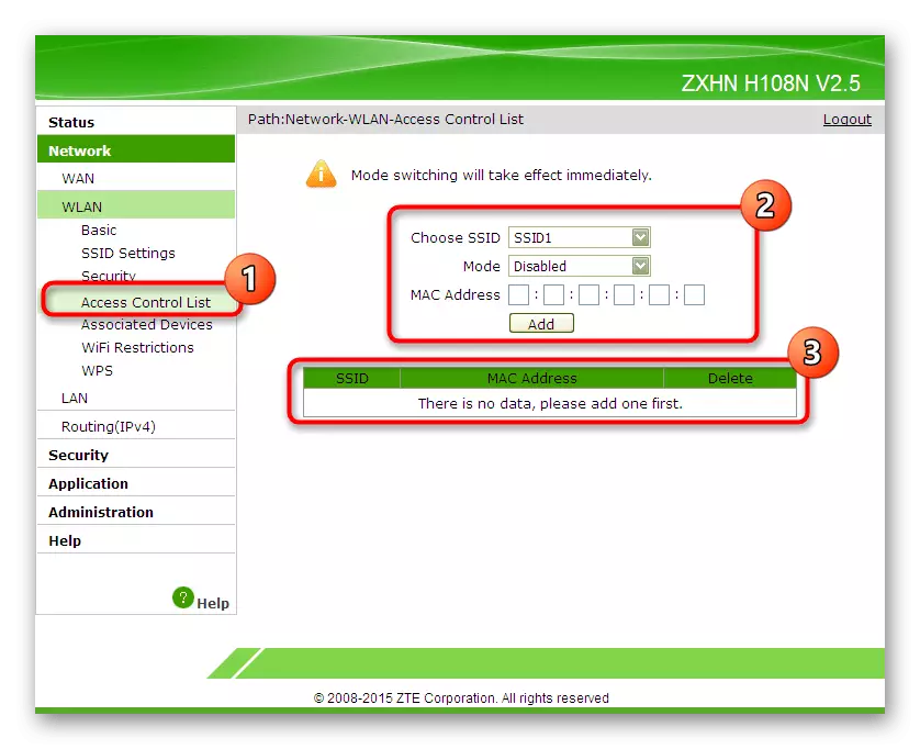 Настройка абмежавання доступу да бесправадной сеткі для роутера ZTE ZXHN H118N