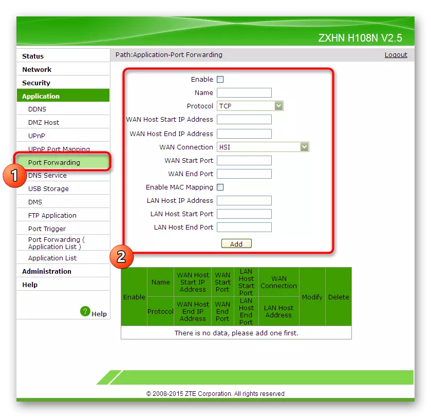 Portos de enquisas para o enrutador ZTE ZXHN H118N a través da súa interface web