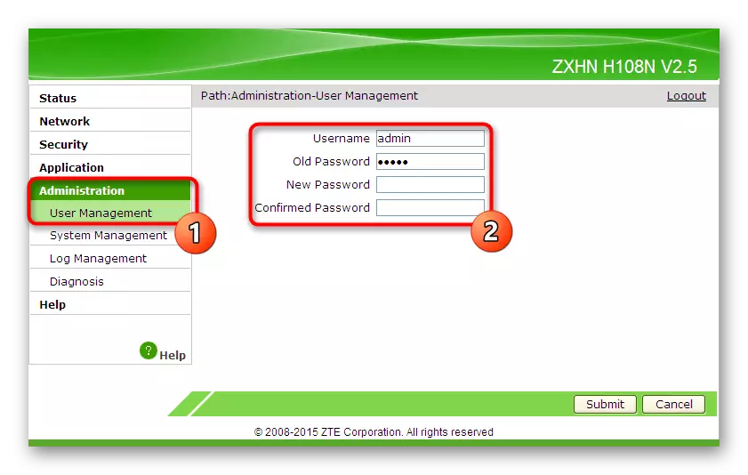 שינוי השם והסיסמה לאישור ממשק האינטרנט ZTE ZXHN H118N נתב