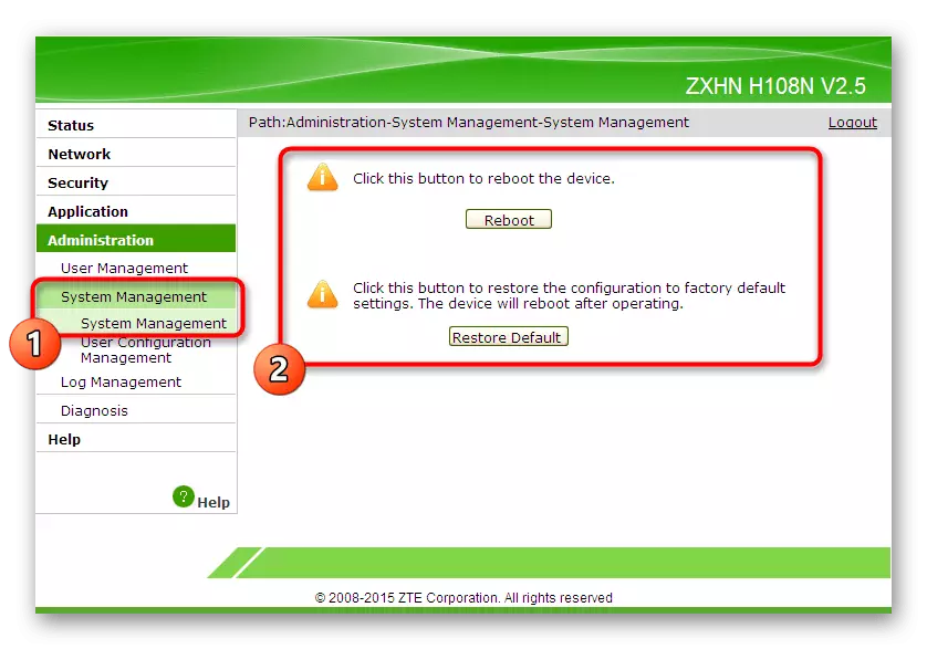 Az útválasztó újratöltése vagy a gyári beállítások visszaállítása a ZTE ZXHN H118N webes felületen keresztül