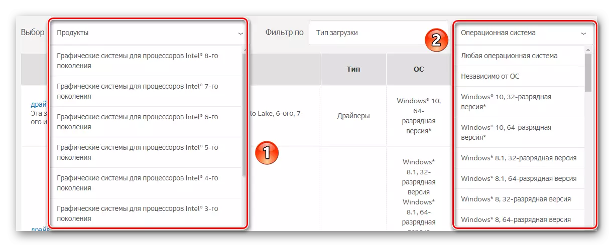 Selecteer het type apparaat en het gebruikte OS voordat u de Intel-stuurprogramma laadt