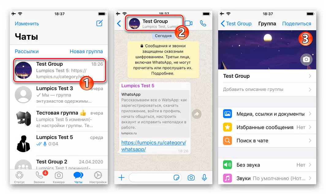 WhatsApp dla iOS - przejście do grupy czatu, otwierając jej ustawienia