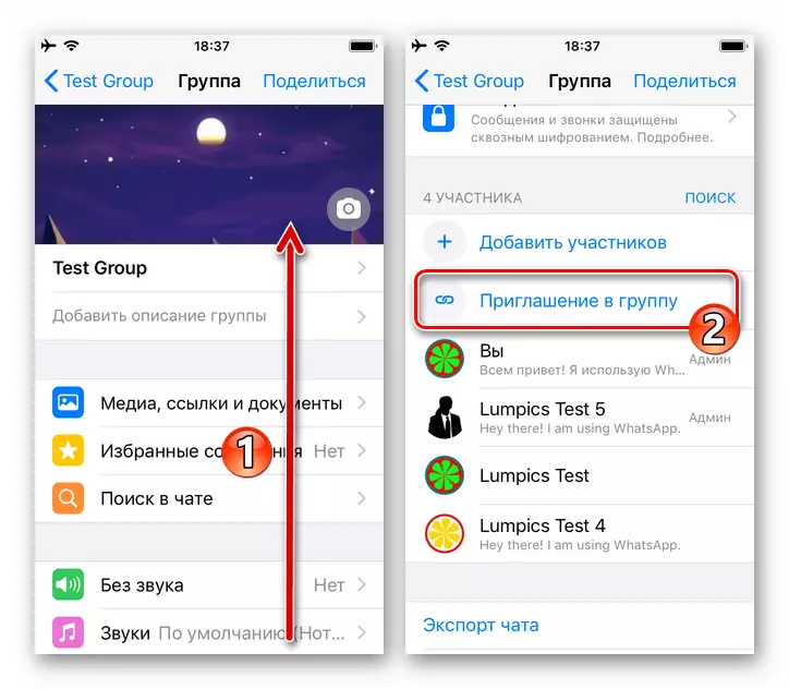 Whatsapp iOS - elementų kvietimas į grupę pokalbių nustatymuose