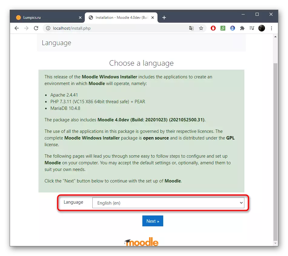 Selecione o idioma para instalar um servidor Moodle local em um computador