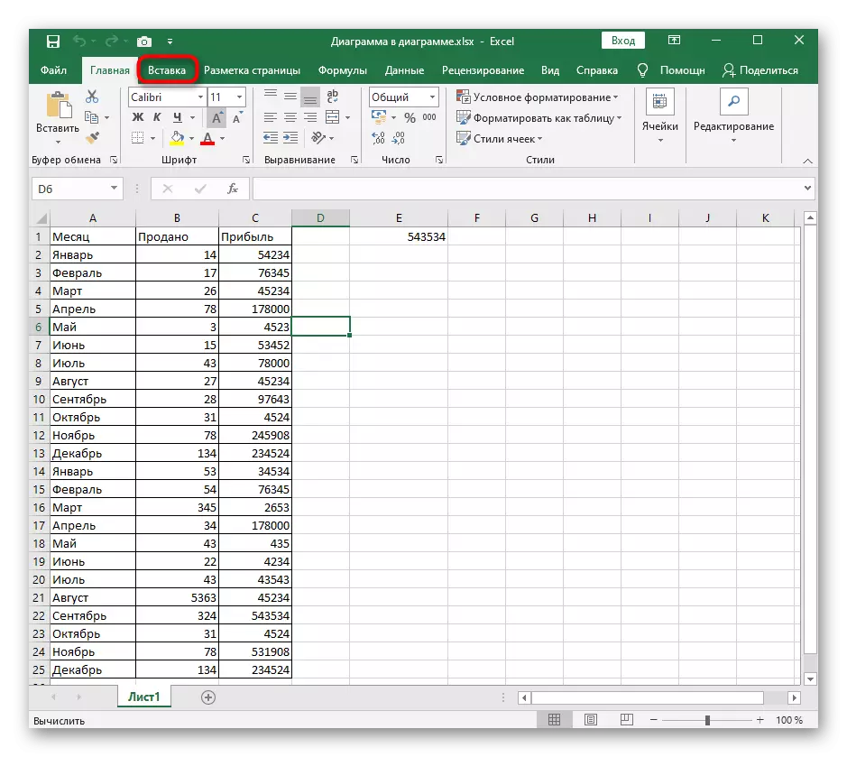 Пераход на ўкладку Устаўка для дадання столбчатой ​​дыяграмы ў Excel