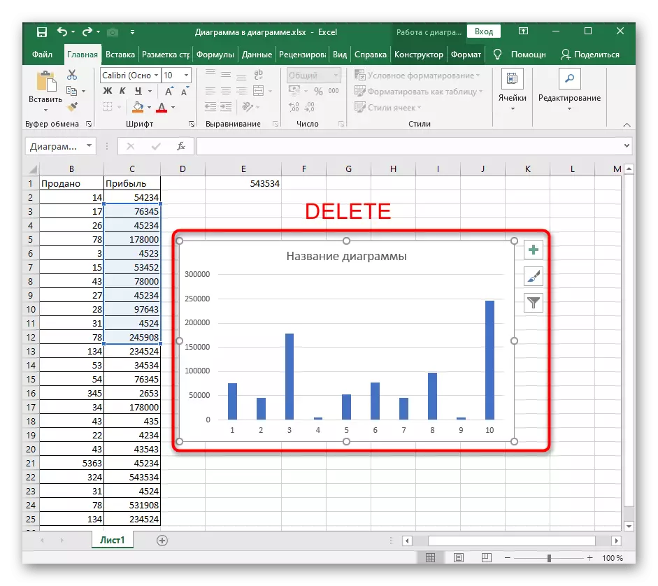 Hot võti kasutamine diagrammi kiire kustutamiseks Excelis