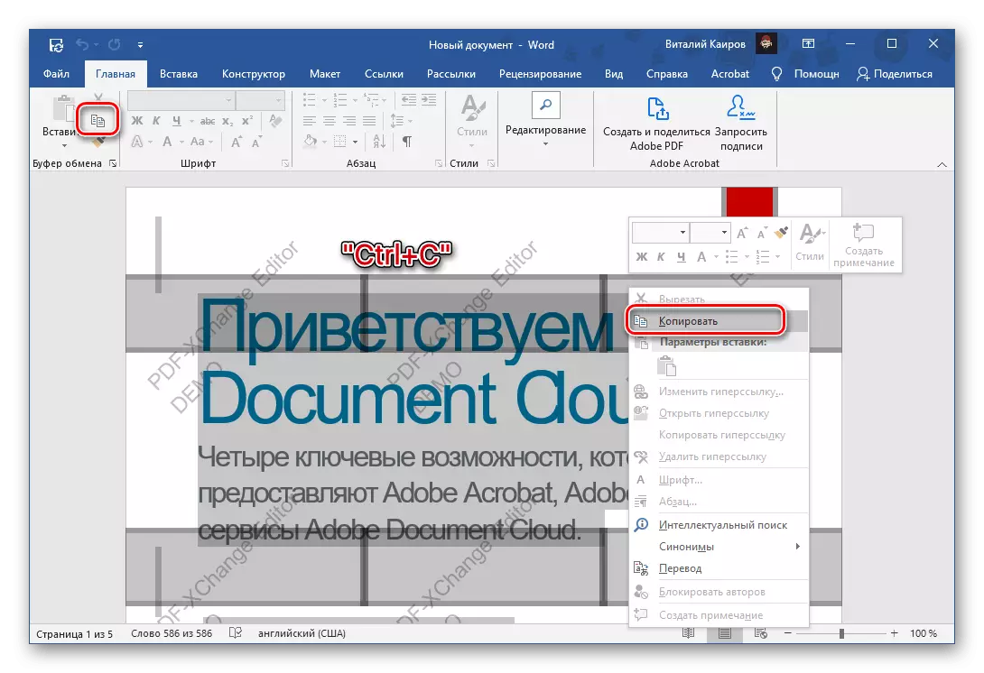 Vyberte a kopíroval text v dokumente s editovaním a vodoznakom v programe Microsoft Word.
