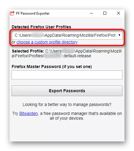 एफएफ पासवर्ड निर्यातक के माध्यम से मोज़िला फ़ायरफ़ॉक्स से निर्यात करते समय एक व्यक्तिगत प्रोफ़ाइल के साथ एक और निर्देशिका का चयन करें