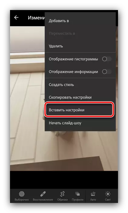 Insert settings from a snapshot to install the preset in Adobe Lightroom on Android