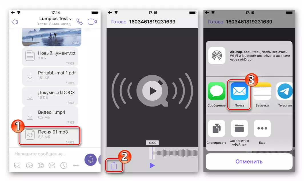 Viber för iOS - Ring en funktion för att skicka för fil, välj Mail Client som ett sätt att överföra