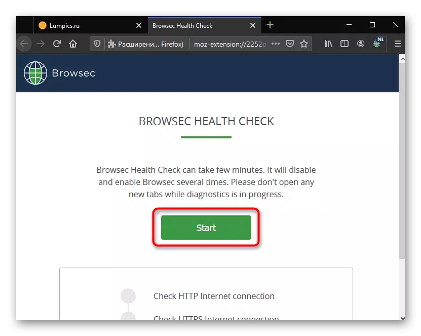 Inicio da comprobación de Browsec para Mozilla Firefox no rendemento