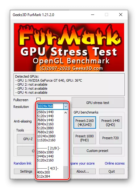 Вибір бажаного дозволу екрану для перевірки відеокарти в програмі Furmark для ПК