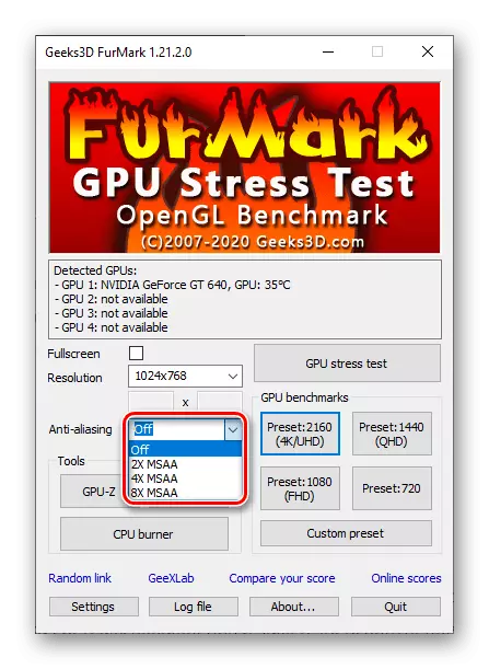 Вибір параметрів згладжування екрану для перевірки відеокарти в програмі Furmark для ПК