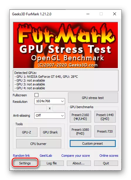 Üleminek Seaded määrata Videokaardi kinnitamise parameetrid Furmark programmi PC