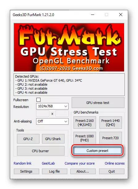 Запуск перевірки відеокарти за своїми параметрами в програмі Furmark для ПК