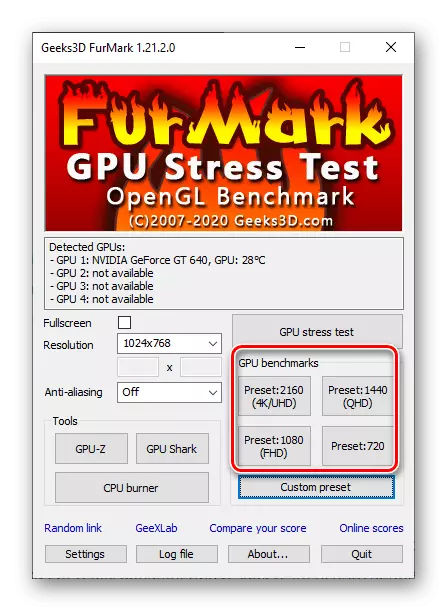 Vyberte možnosti overovania grafických kariet v FURMARK PRE PC
