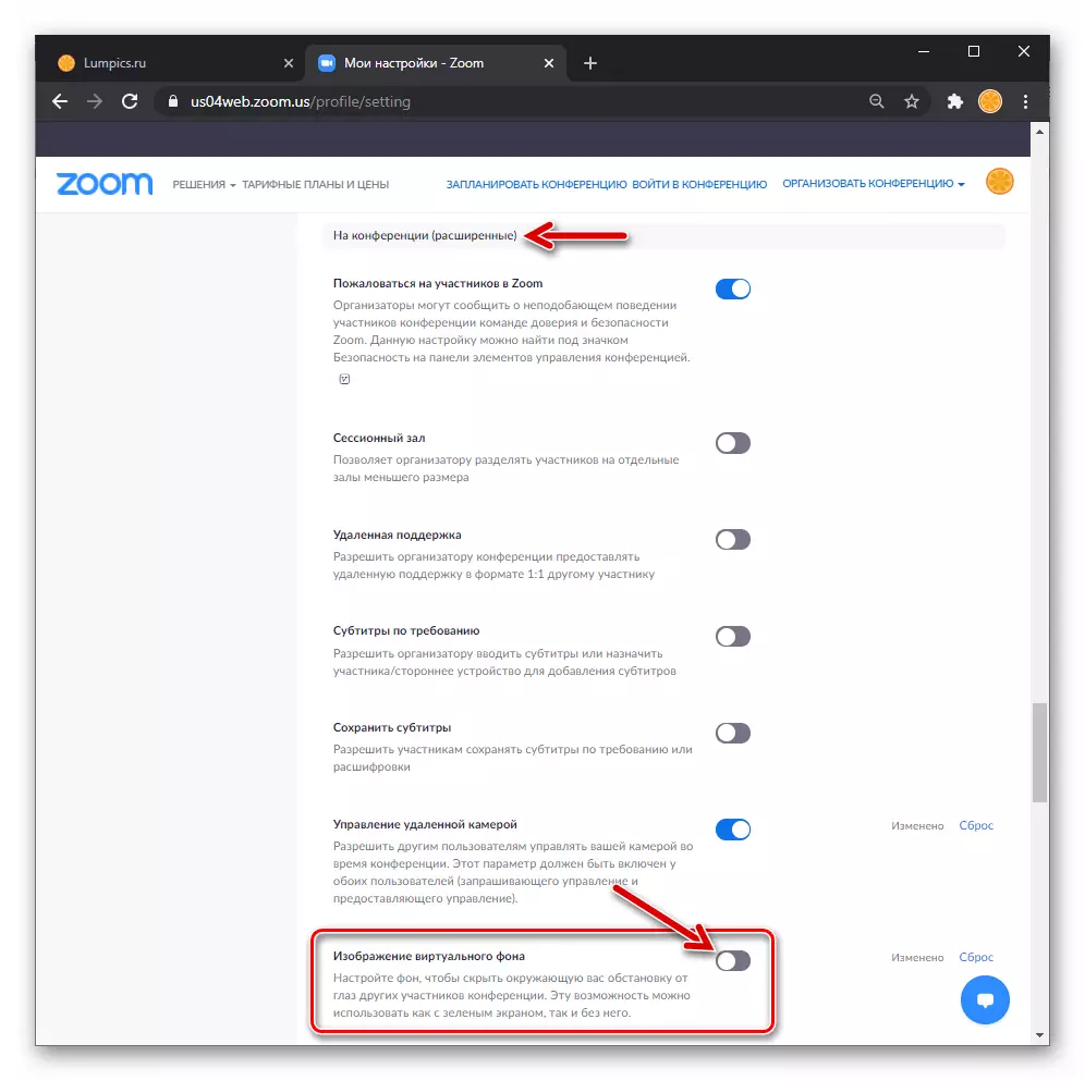 Zooma för Windows Aktiveringsalternativ Bild på den virutala bakgrunden i profilinställningarna på servicewebbplatsen