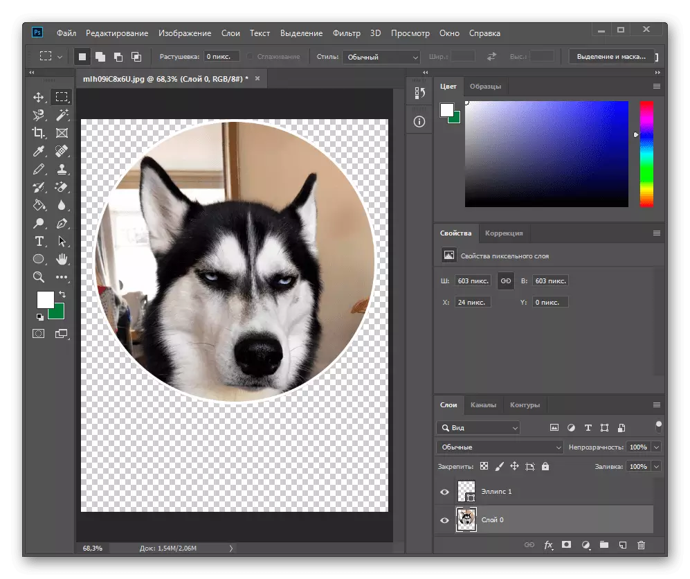 Memotong imej dengan lapisan dengan elips di Adobe Photoshop