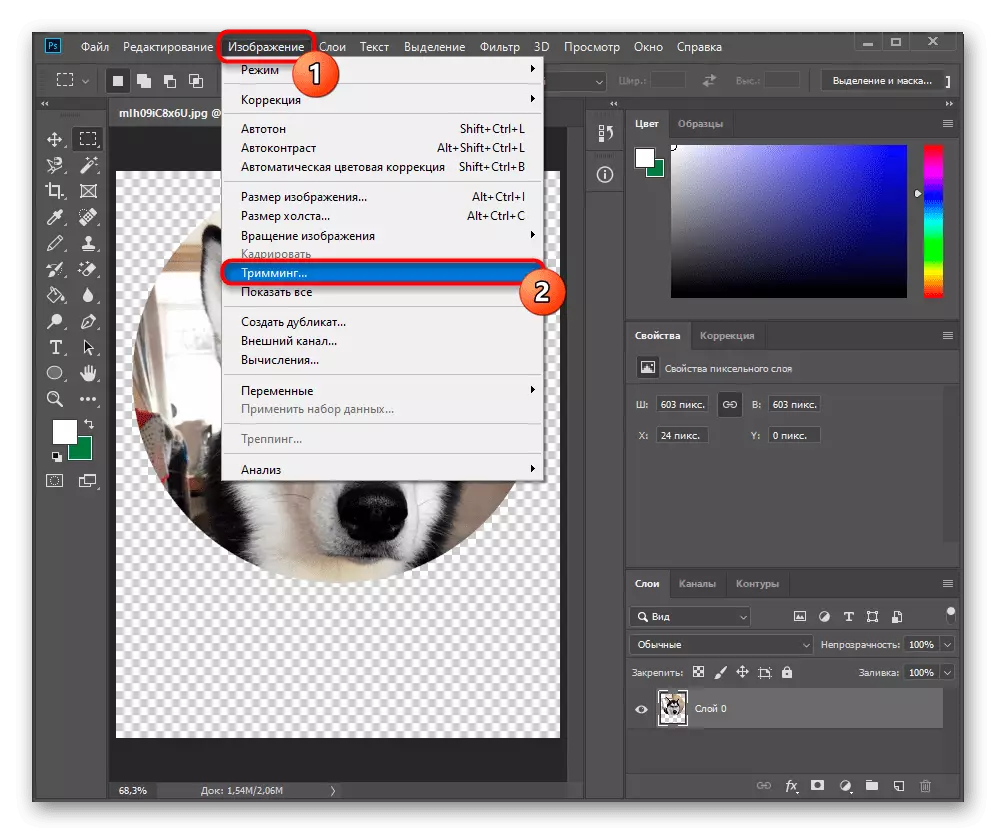Övergång till trimning av bilder för att ta bort tomma sektioner efter att ha klippt en cirkel i Adobe Photoshop
