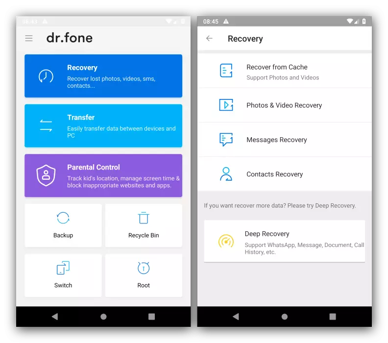 Interfaz del programa para archivos de recuperación en Android Dr.Fone Recovery