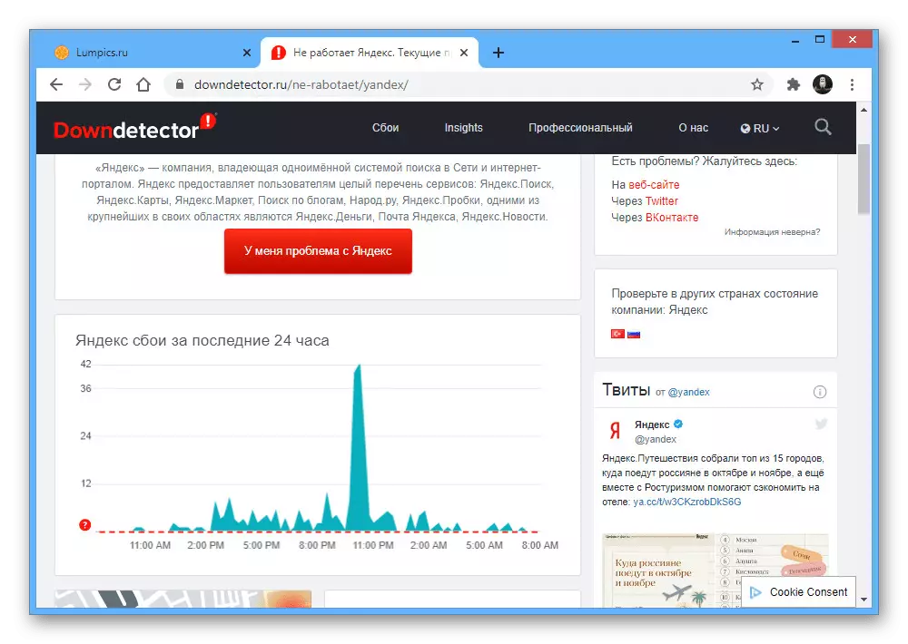 DOWNETECTOR ድረ-ገጽ ላይ ይመልከቱ Yandex አለመሳካት ስታትስቲክስ