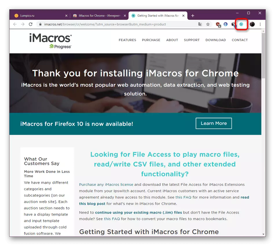 การขยายการติดตั้งที่ประสบความสำเร็จ iMacros ใน Google Chrome