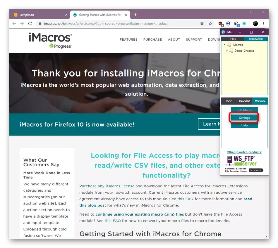 Kaloni në cilësimet e zgjerimit të IMacros Global në Google Chrome