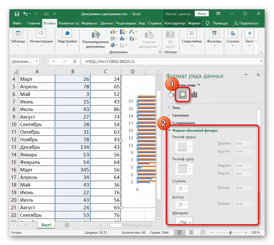 Настройка фармату трохмернай фігуры пры стварэнні трохмернай лінейчастага дыяграмы ў Excel