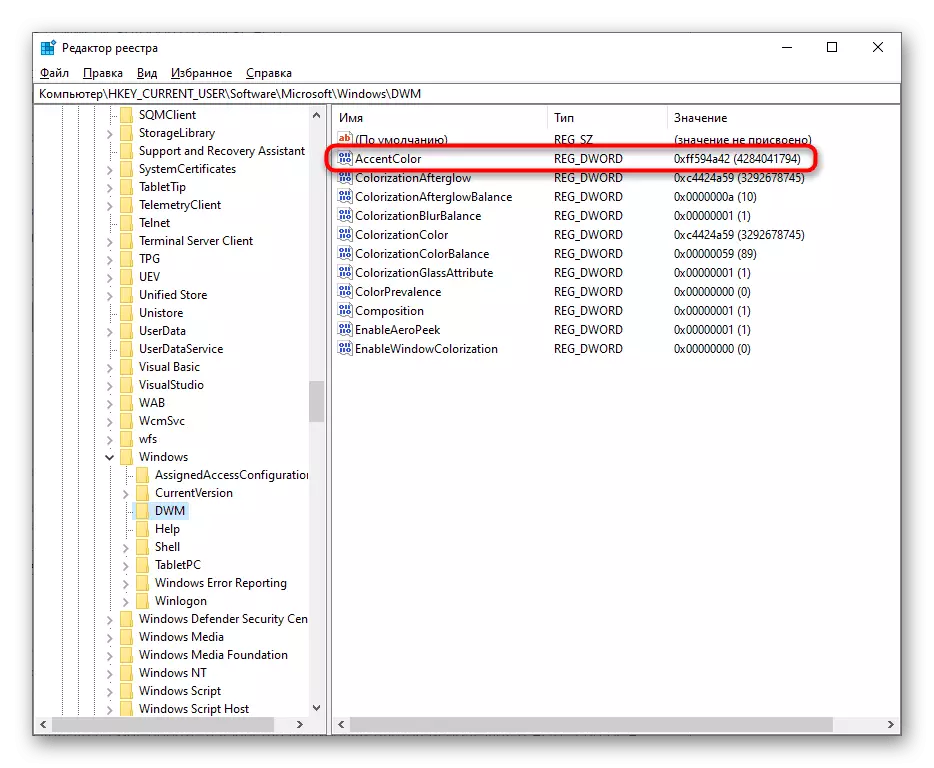 A l'seleccionar un paràmetre per canviar el color de la finestra mitjançant l'editor de registre de Windows 10