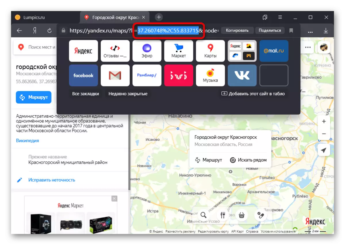 Yandex.cart વેબસાઇટ પર બ્રાઉઝર સરનામાં બારમાંથી કોઓર્ડિનેટ્સ મેળવવી