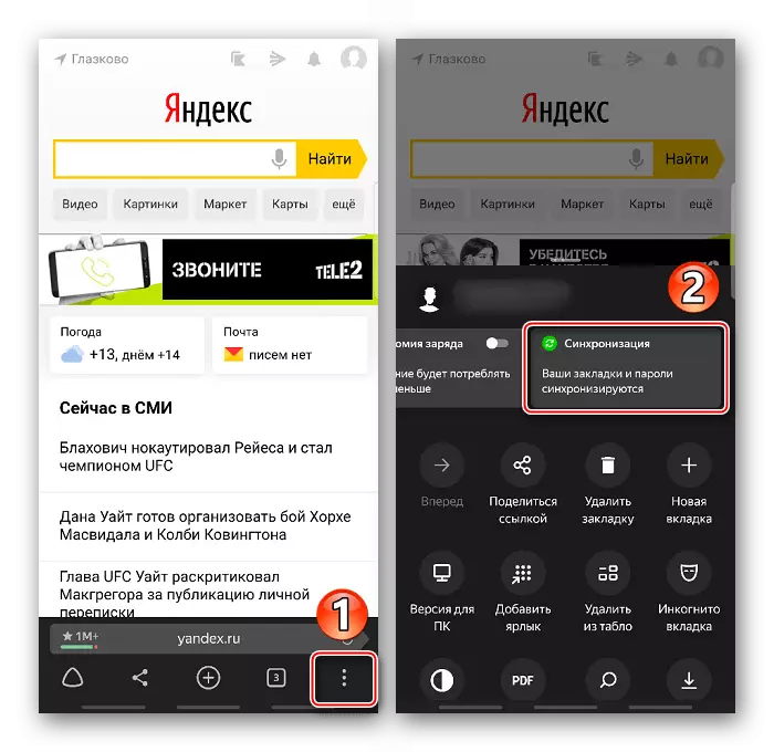 Mag-login sa mga setting ng pag-synchronize Yandex.Bauser sa mobile.