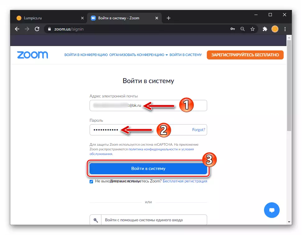 ZOOM разрешаването на сайта на услугата с имейла и паролата на профила сметка в системата