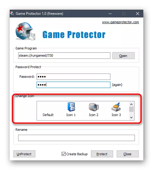 Keupayaan untuk memasang ikon baru pada permainan kata laluan dalam program Protector permainan di Windows 10