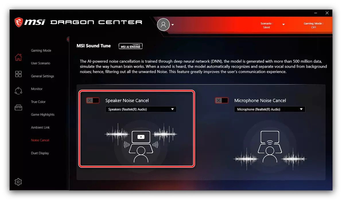 Impostazione della riduzione del rumore del microfono per configurare il Centro Dragon MSI