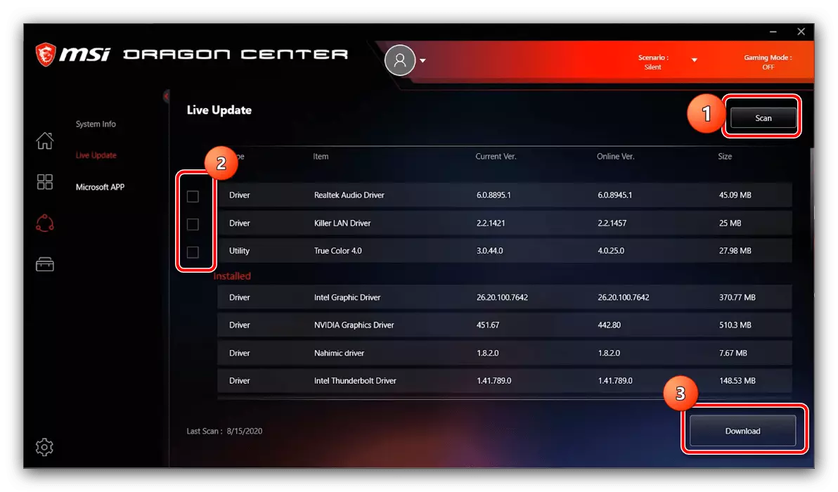 Seleção de drivers para atualizar para configurar o MSI Dragon Center