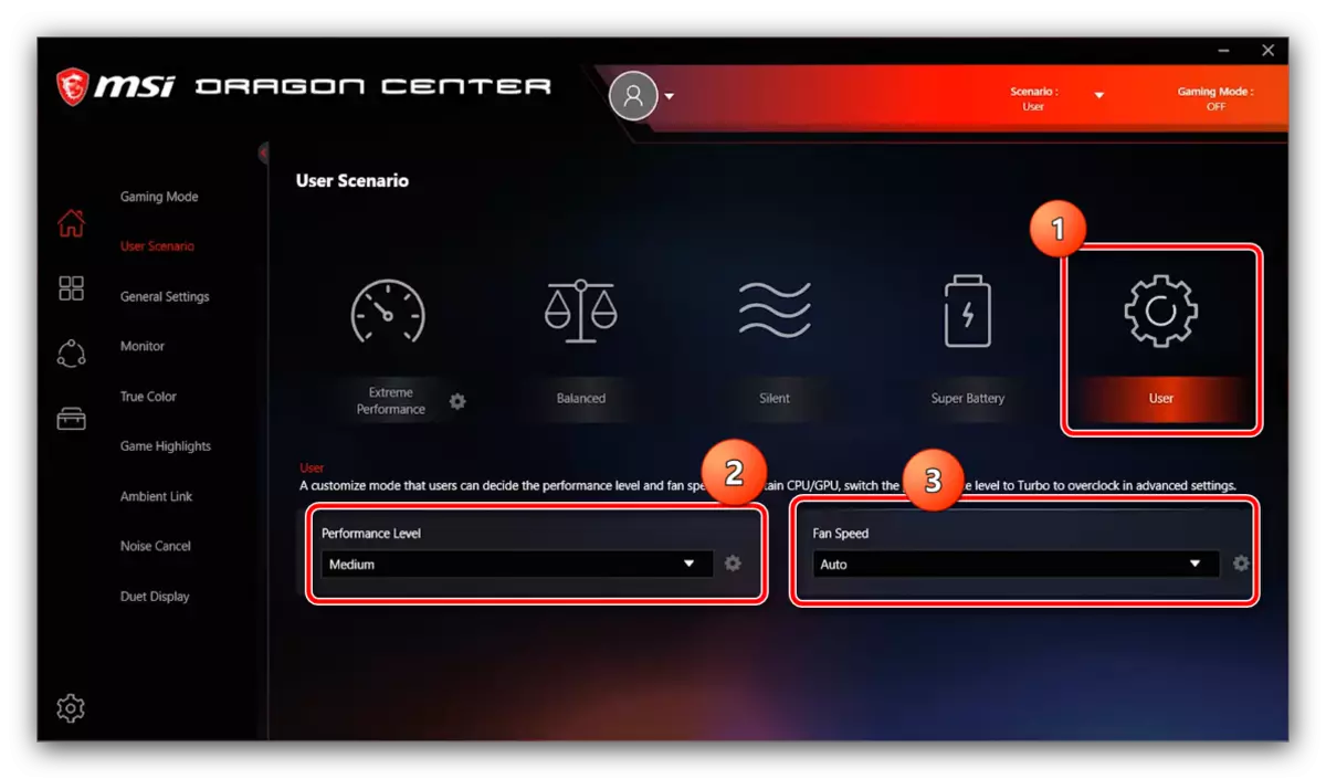 Configurazione della modalità utente per la configurazione di MSI Dragon Center
