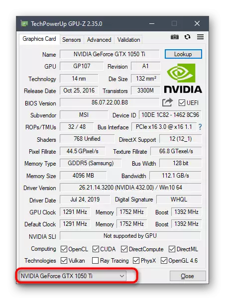 विन्डोज 10 मा मुख्य GPU-Z प्रोग्राम विन्डो मार्फत भिडियो कार्ड विकल्पहरू हेर्नुहोस्