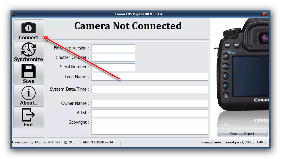 Comience la conexión para verificar el Mileage Canon de la cámara a través de la información digital de Canon EOS