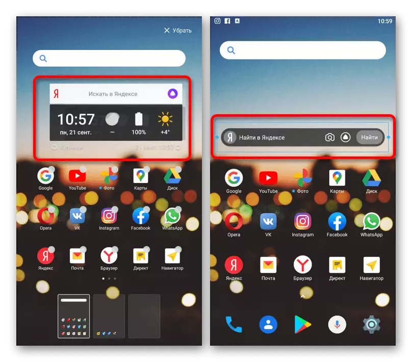 Contoh tetapan widget Yandex pada peranti Android
