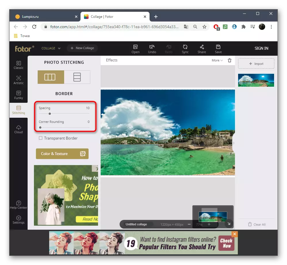 Nastavení rámců Panorama při konfiguraci prostřednictvím online služby Fotor