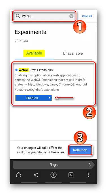 Pag-enable ng mga extension ng WebGL sa Yandex browser para sa Android